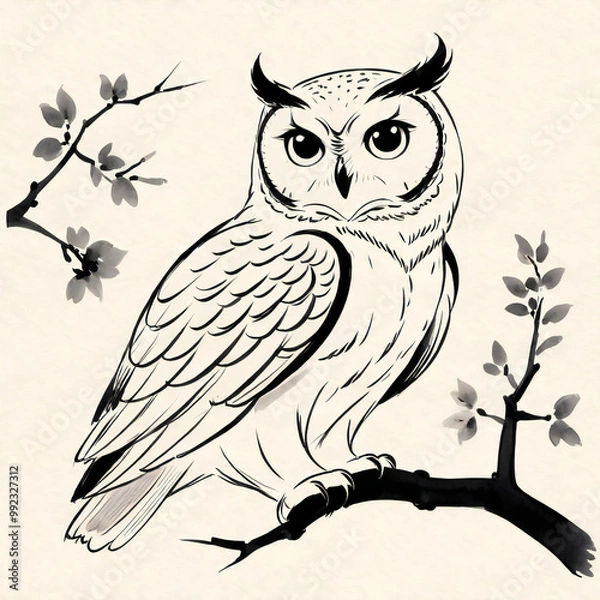 Fototapeta ふくろうの水墨画