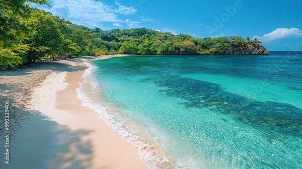 Obraz Tropical Beach with Crystal Clear Water and Lush Green Trees