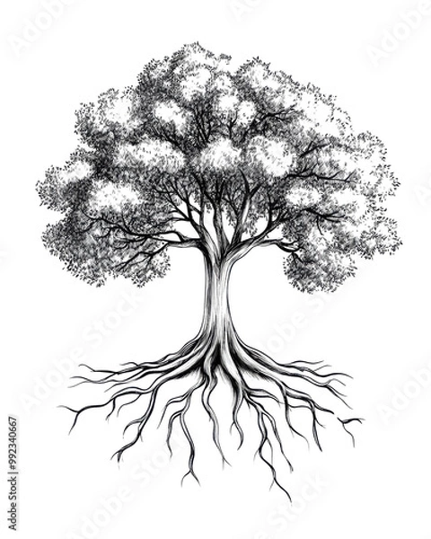 Obraz Intricate black and white tree design with detailed roots.