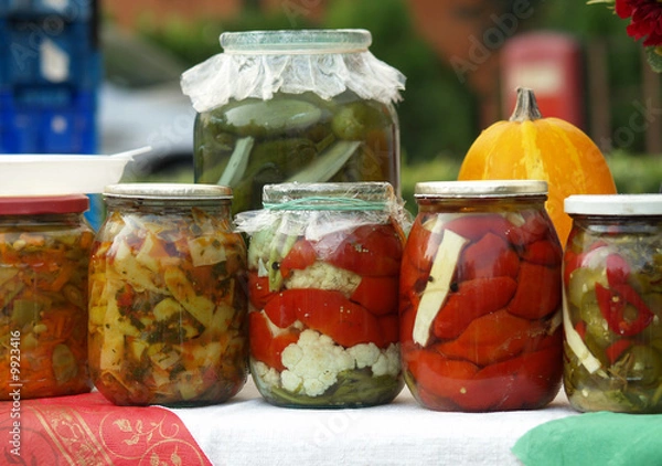 Fototapeta jars with different kind of pickles, home made