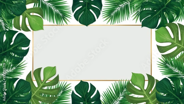 Fototapeta This tropical background features lush green monstera and palm leaves arranged around the edges, with a blank white center, creating a modern and vibrant nature-inspired design.