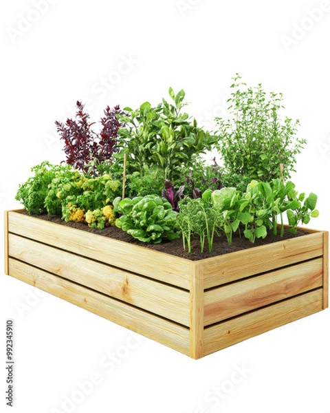 Obraz Vibrant vegetable garden in a wooden raised bed, white isolated background