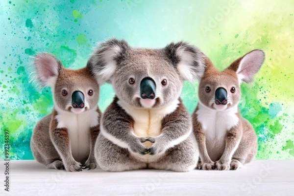 Fototapeta A sweet koala and two kangaroos, sitting together with wide, innocent eyes, against a background of soft green and blue watercolor splashes