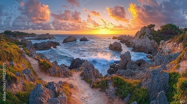 Obraz Rocky Coastline Sunset Dramatic Sky Seascape Path Landscape