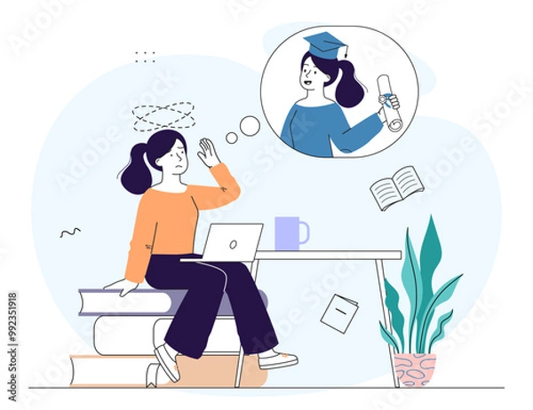 Fototapeta Woman studying for diploma. Young girl sits on stacks of books and dreams about future graduation. Education and training, learning. Linear vector illustration