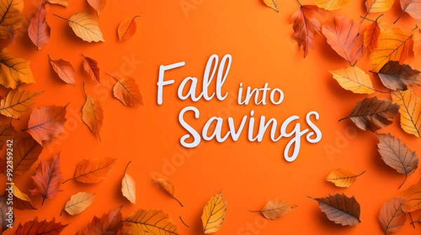 Fototapeta Fall into Savings text with autumn leaves on orange background. Graphic typography. Fall season and sales promotion concept. For banner, poster and advertisement. Flat lay with copy space
