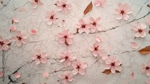 Fototapeta Delicate pink cherry blossoms scattered on a light marble background.