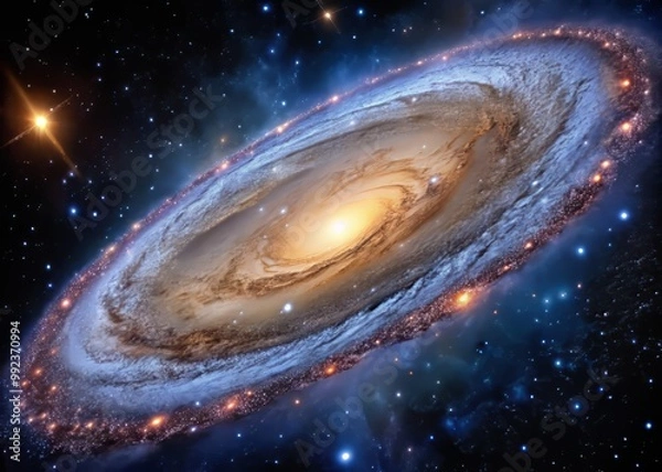 Fototapeta Vibrant spiral arms stretch across a velvety black background, with millions of twinkling stars and a bright central core in the Andromeda Galaxy.
