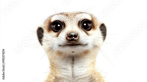 Fototapeta Close-Up Portrait of a Cute Meerkat on a White Background with Big Eyes and Curious Expression