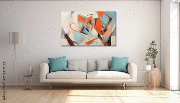 Fototapeta Abstract Painting in Modern Living Room with White Sofa and Floor Lamp