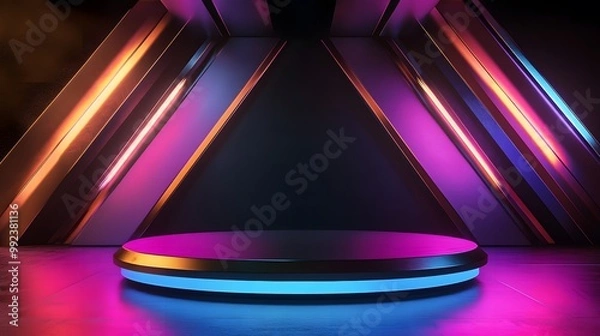 Fototapeta Futuristic dark podium with light and reflection background. 