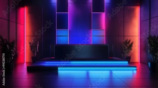 Fototapeta Futuristic dark podium with light and reflection background. 
