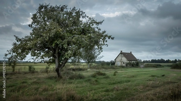 Fototapeta Mulberry tree growing wild in an abandoned orchard with the old farmhouse visible in the distance symbolizing the passage of time and natures persistence Scientific name Morus alba