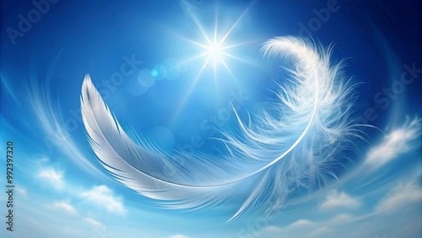 Fototapeta A single white feather floats in the blue sky, illuminated by the radiant sun, creating a delicate and ethereal scene.