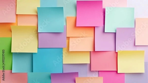Fototapeta Blank mock up wall of colorful sticky notes design - post it - for work memo reminders, business planning, memory wall, brain storming ideas or a fun card.