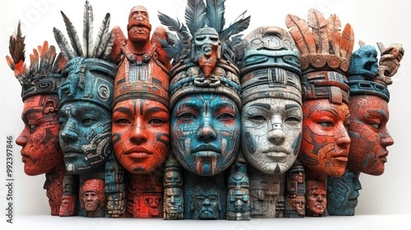 Fototapeta Colorful sculptures of ancient faces with intricate patterns and details.