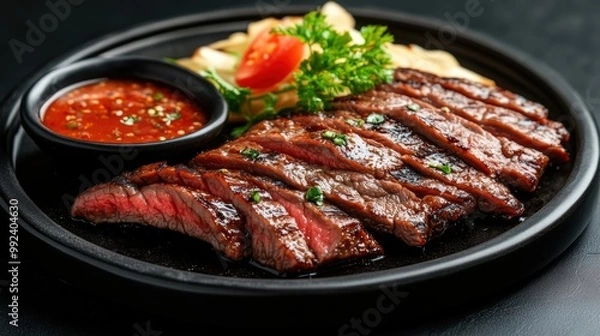 Obraz Grilled steak with sauce, garnished with parsley and tomato on a black plate.