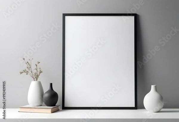Fototapeta Black frame mockup is leaning on a white shelf with vases and a book in front of a gray wall