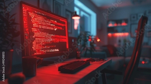 Obraz Computer screen showing red ransomware warning message in home office setting, highlighting cybersecurity threats and digital safety concerns