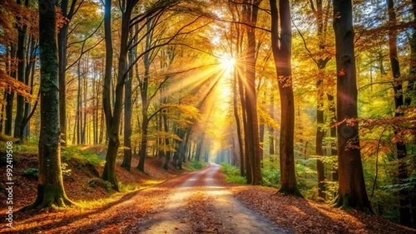 Fototapeta Golden rays of sunlight pierce through the canopy of a dense forest, illuminating a path leading through a vibrant tapestry of autumn foliage.