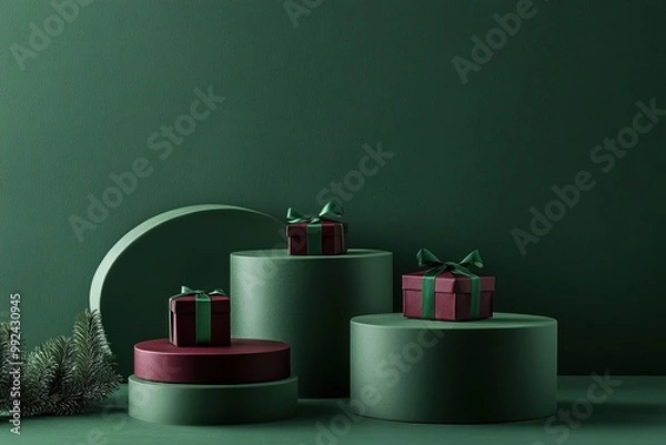 Fototapeta Christmas elegant studio minimalistic still life composition with several claret gift  boxes with green bows on green cylindrical podiums next to fir branches on green background with soft shadows.