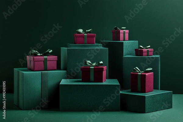 Fototapeta Elegant minimalistic still life composition with several claret gift boxes with green bows on green square podiums on green background with soft shadows. Christmas presents on pedestal.