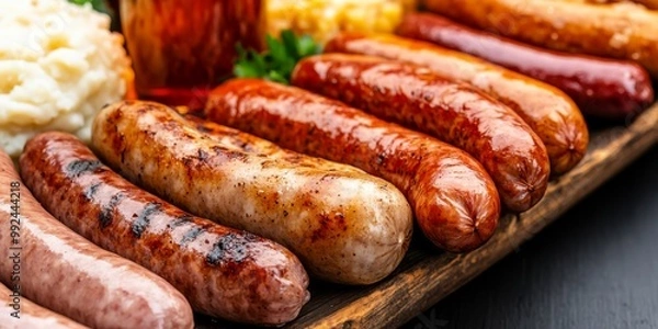 Fototapeta a traditional Oktoberfest table setting with a large wooden platter of German sausages sauerkraut mashed potatoes and pretzels accompanied by glass steins of beer captured in rustic warm tones