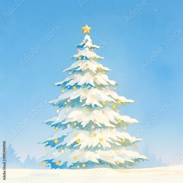 Fototapeta Candy-covered Christmas tree, twinkling lights and snowflakes, festive fantasy background, watercolor style, watercolor illustration, having ample space for text