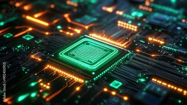 Fototapeta An illuminated microchip featuring glowing green neon edges