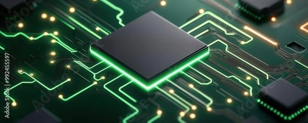 Fototapeta Energy-efficient processor, chiplet architecture, glowing green circuits