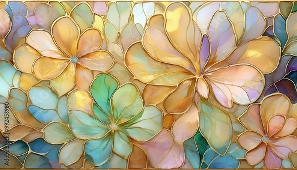 Obraz floral, golden, stained, glass, pattern, luxury, elegance, background, design, flower, art, abstract, warm, decorative, texture, vintage, soft, elegant, gold, retro, leaves, ornate, decoration, luxury