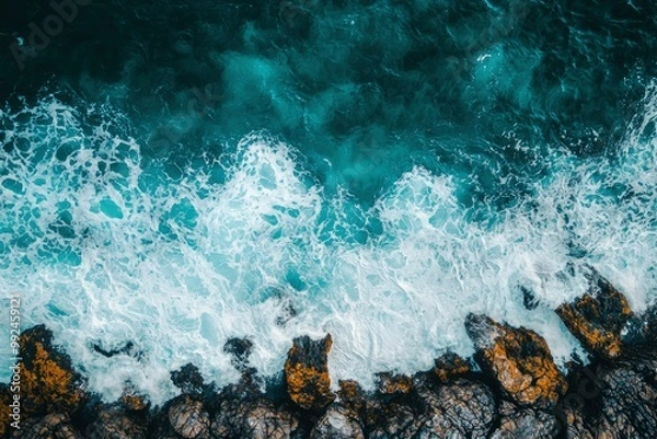 Fototapeta Aerial View of Ocean Waves Crashing on Rocky Coastline