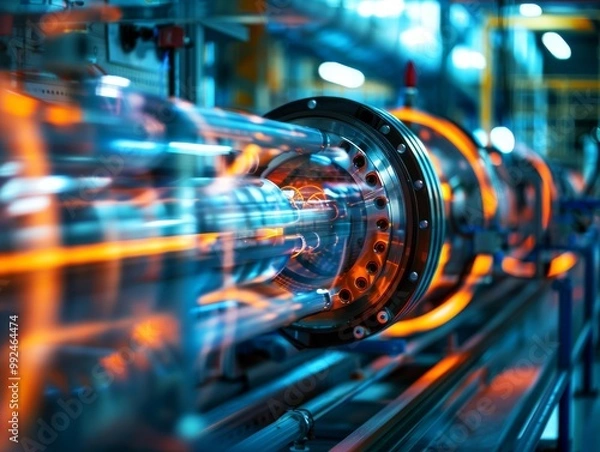 Fototapeta Close-up of a glowing industrial machine with intricate gears and pipes.  The image evokes a sense of power and precision.