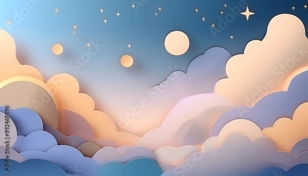 Fototapeta The sky background is filled with pastel fluffy clouds in a paper layer format.