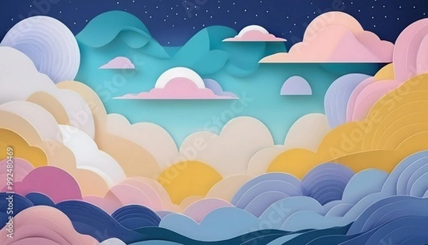 Fototapeta The sky background is filled with pastel fluffy clouds in a paper layer format.