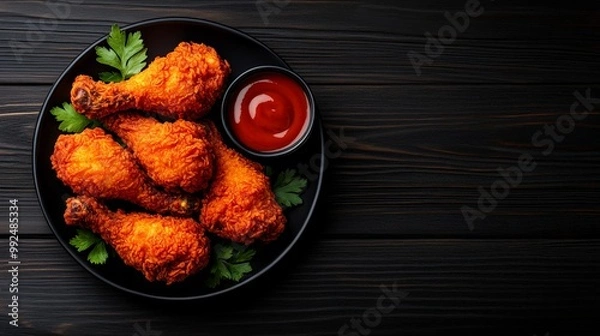 Fototapeta Crispy Fried Chicken with Ketchup: A close-up shot of a black plate piled high with crispy fried chicken drumsticks, garnished with fresh parsley, alongside a small bowl of ketchup.