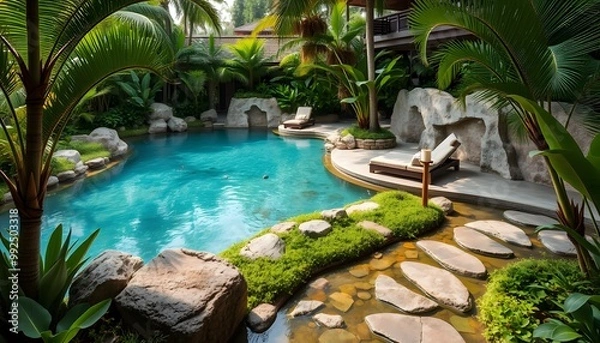 Fototapeta Tropical Pool Oasis with Lush Greenery and Stone Path
