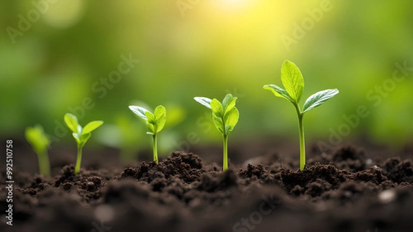 Fototapeta Young green seedlings sprouting in fertile soil symbolizing growth and sustainability in organic farming