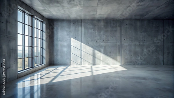 Fototapeta Room with asphalt-like concrete flooring, shadow from window creating tints and shades , concrete, flooring, asphalt