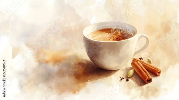 Fototapeta Cup of Chai Tea with Cinnamon and Cardamom in Soft Pastel Background