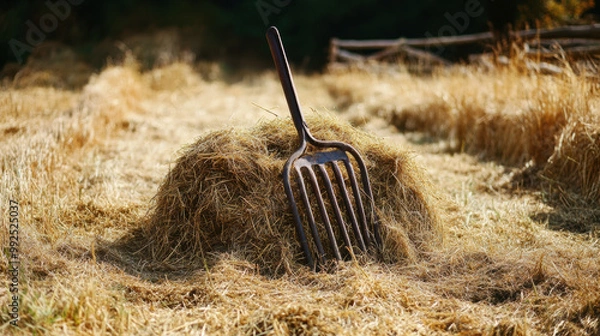 Fototapeta pitchfork rests against haystack in sunlit field, surrounded by golden straw. scene captures essence of rural life and farming activities, evoking sense of tranquility and hard work