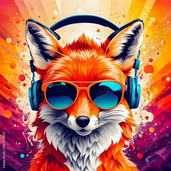 Obraz illustration of fox shaped head with headphones and sunglasses on the abstract background.