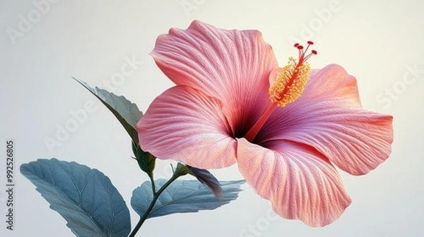 Fototapeta A vibrant pink hibiscus flower with green leaves against a soft background.