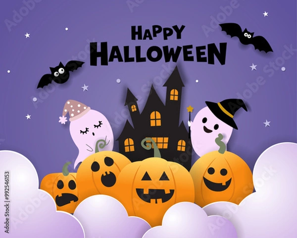 Fototapeta Happy Halloween illustrations with Halloween elements such as pumpkins, ghosts, witches, bats, castle, and moon