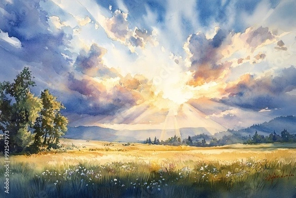 Fototapeta Watercolor painting of sunlight breaking through parted clouds, casting golden light over a landscape rejuvenated by spring.