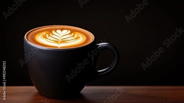 Fototapeta Coffee Latte Art: A steaming cup of latte art, with a delicate floral design, sits on a wooden table against a dark background, inviting a moment of relaxation and indulgence.  