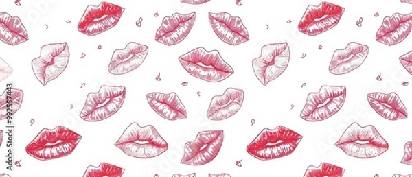 Obraz Lips Embrace, Playful seamless pattern featuring hand-drawn lips on a crisp white backdrop, ideal for vibrant textile designs, wallpapers, wrapping paper, and home decor accents.