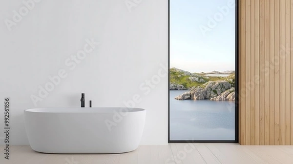 Fototapeta Compact container bathroom, white walls, and large window facing a rocky coastline, minimal design