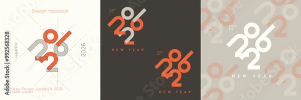 Fototapeta New year logo design 2026 with a combination of numbers and happy jumping people as the basis of the concept. 2026 new year logo inspiration