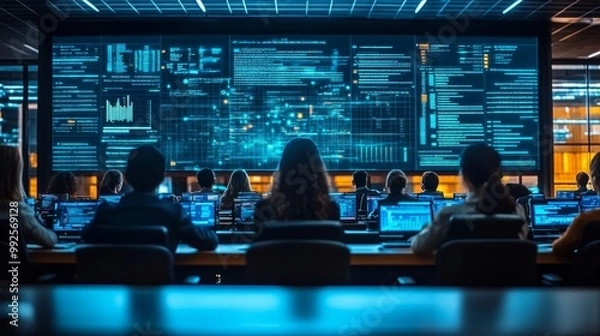Obraz Cybersecurity Team Monitoring Data on Large Screens